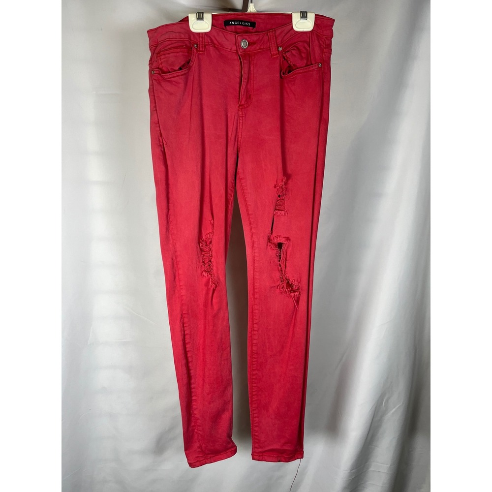 Angel Kiss Womens Red‎ Distressed Skinny Jeans Size 11 Shredded Knee Slim Fit